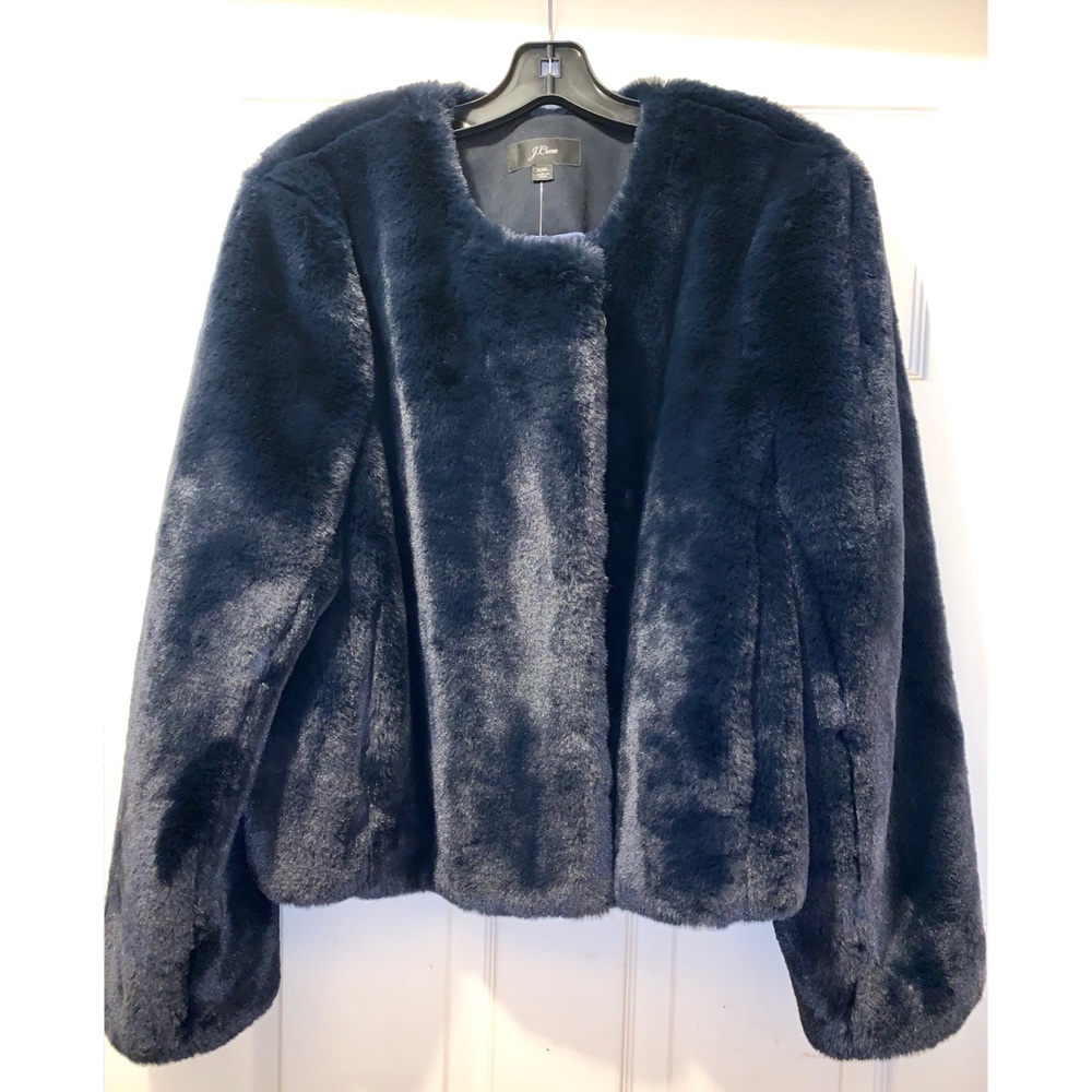 NEW J CREW Cropped Navy Faux Fur Lined Coat